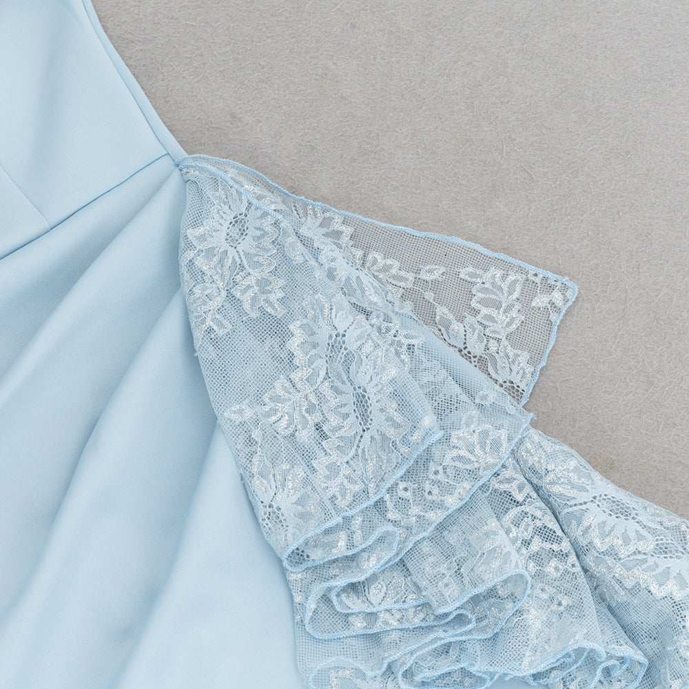 one-shoulder lace trim embellished midi dress in blue Flowering Girl