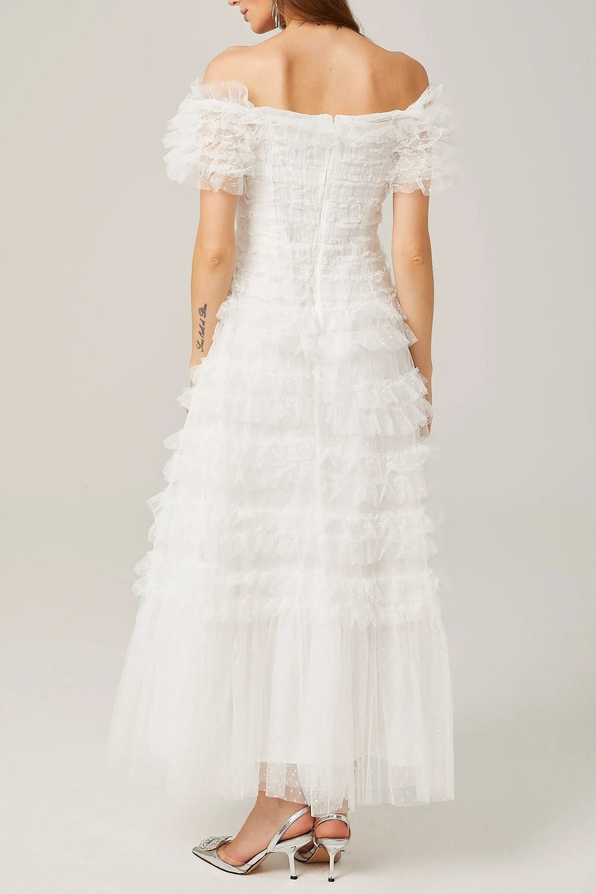 Joyce Ruffled Tulle Tiered Strapless Midi Dress In White Flowering Girl