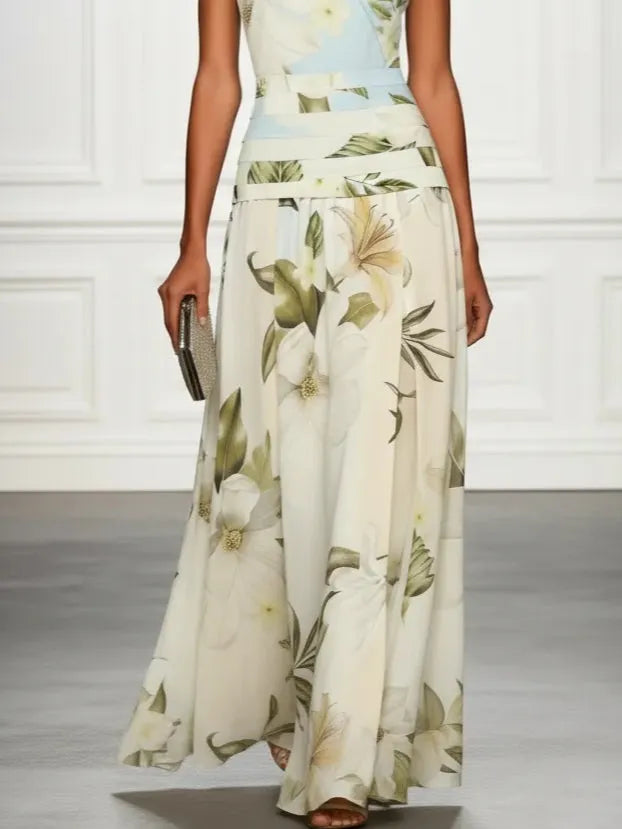Blue And White Floral Ruffled Boat Neck Sleeveless Maxi Dress Flowering Girl