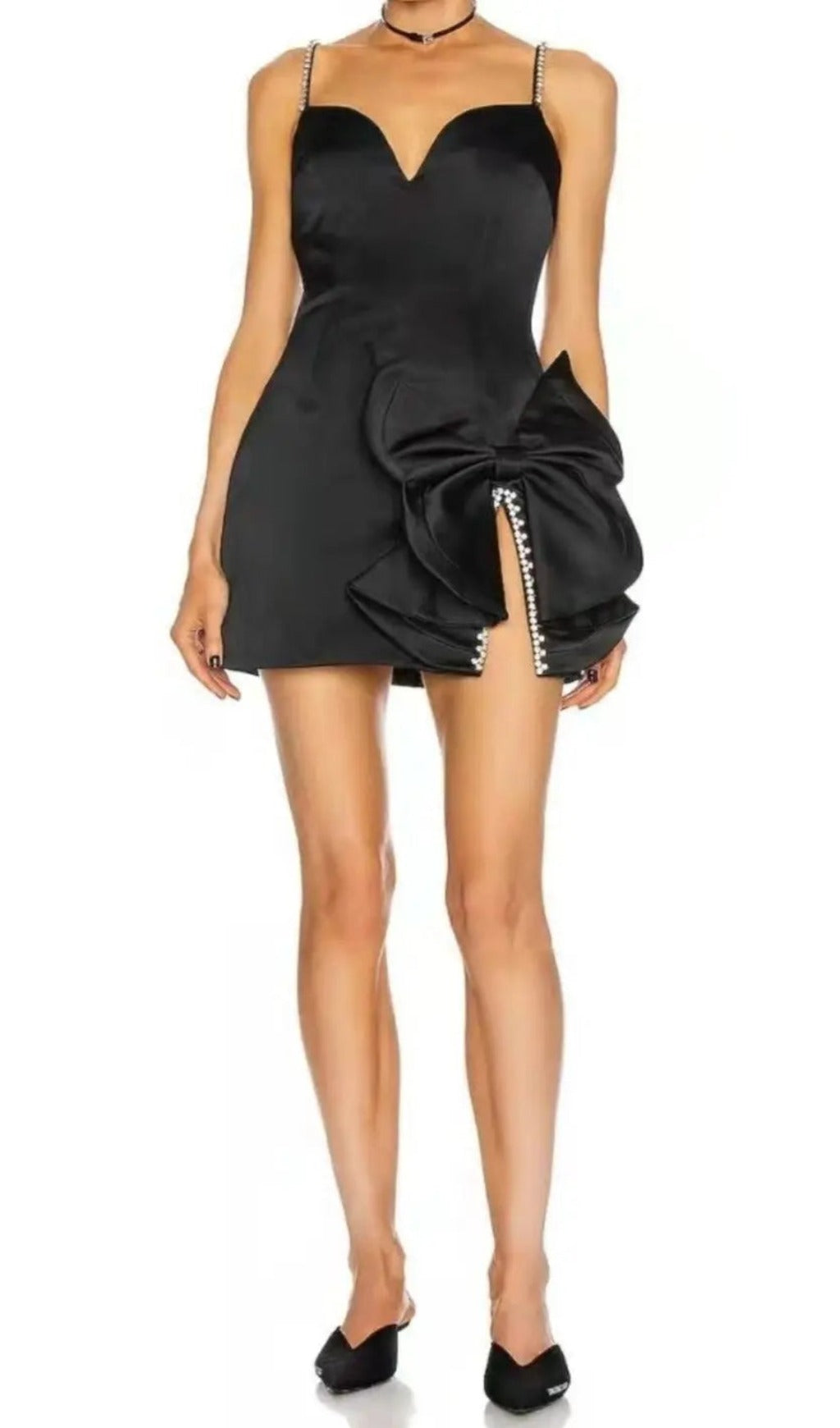 Crystal Bow Mini Dress In Black Flowering Girl