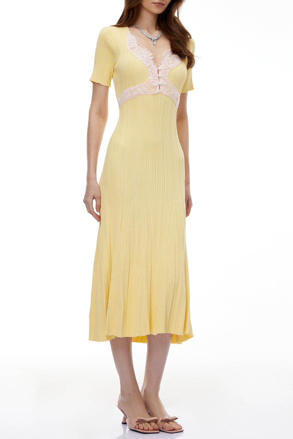 Apphia Yellow Contrast Lace Knit Midi Dress Flowering Girl