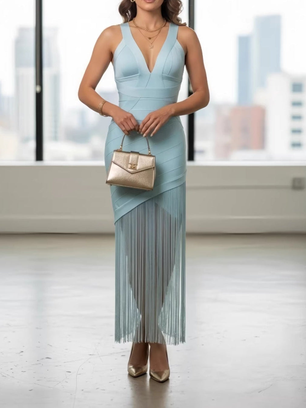 Light Blue Bandage Fringe Midi Dress Flowering Girl