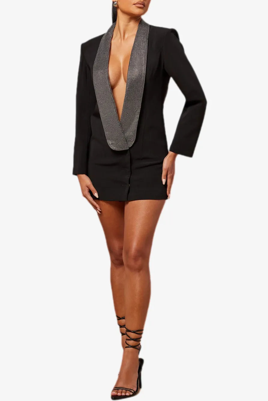 Scarlett Crystal Embellished Cutout Blazer Dress - Black Flowering Girl