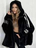 Plush Hooded Vertical Stripe Printed Casual Coat Flowering Girl