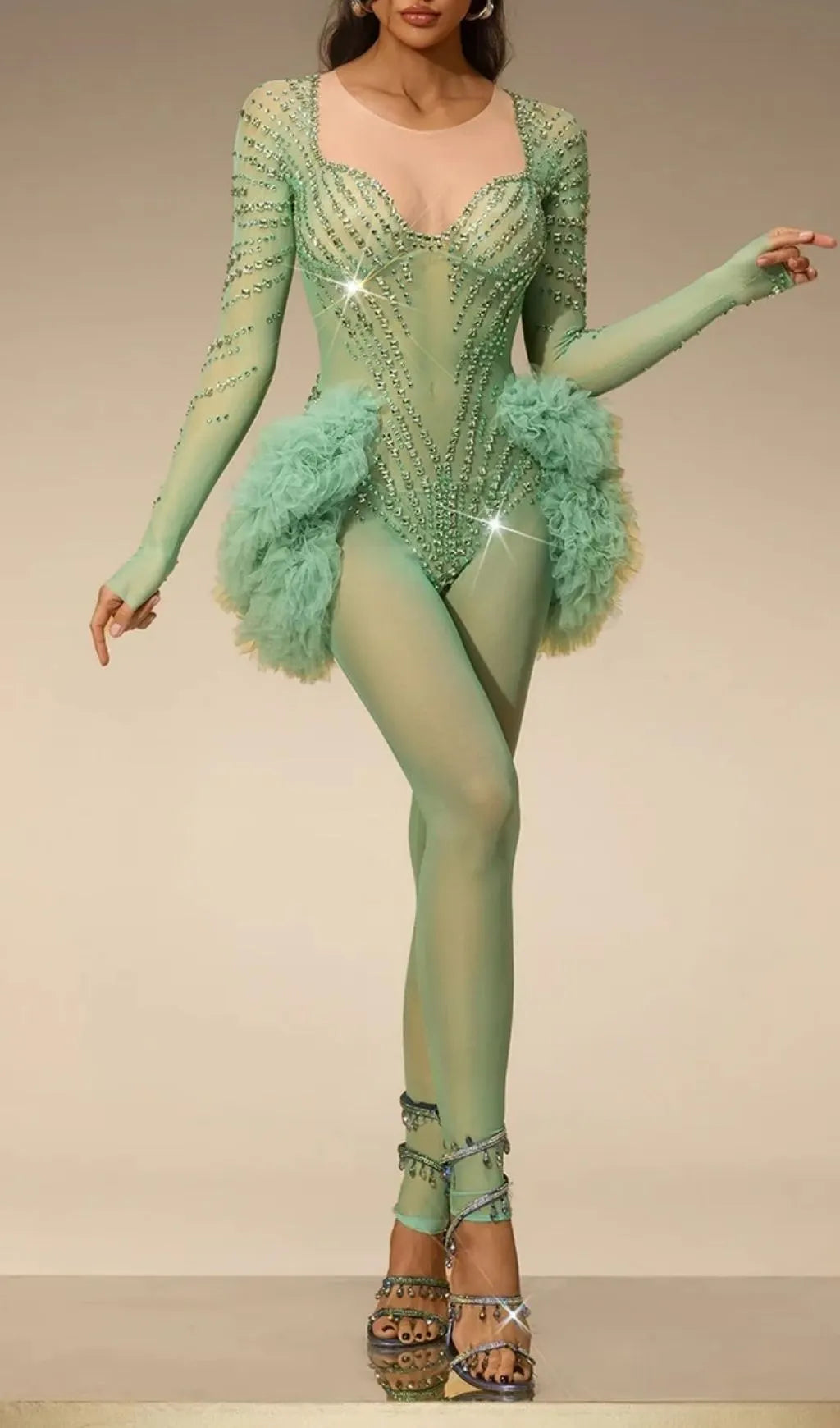 Zireth Long Sleeve Crystal Mesh Jumpsuit Flowering Girl