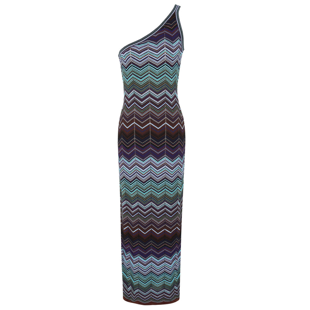 One-Shoulder Chevron Maxi Dress in Teal, Purple & Brown Flowering Girl