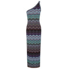 One-Shoulder Chevron Maxi Dress in Teal, Purple & Brown Flowering Girl