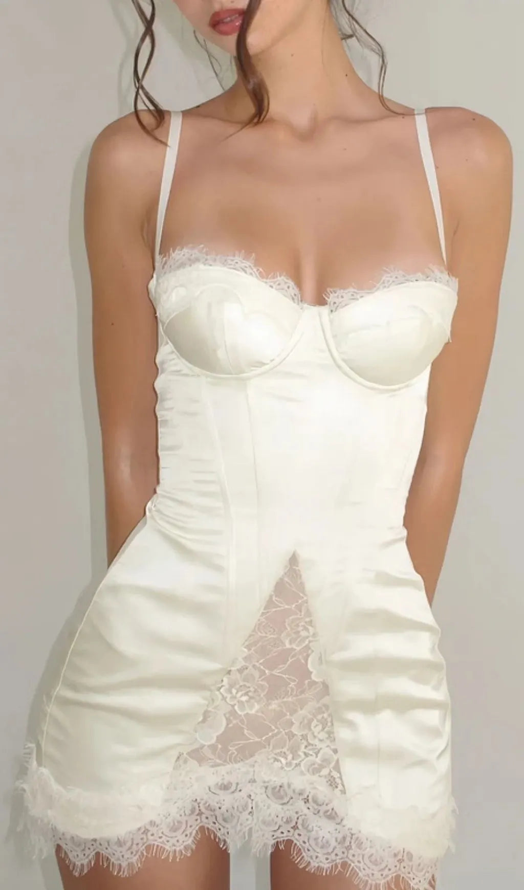 Lorraine White Satin Mini Dress With Lace Panels Flowering Girl