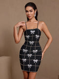 Virginia Bowknot Crystal Grid Bandage Mini Dress In Black Flowering Girl