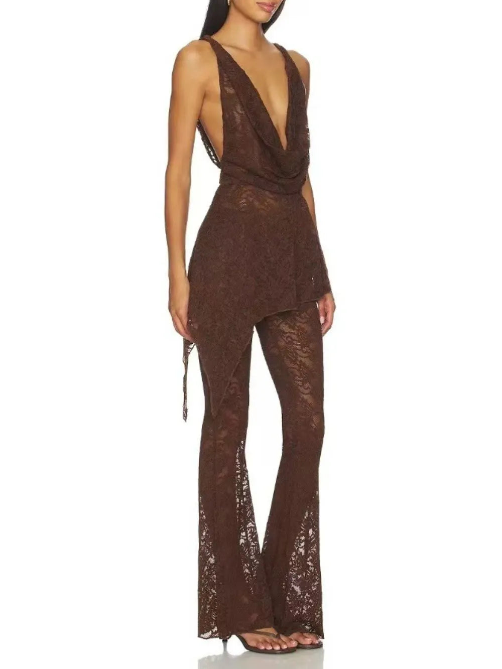 Senora Cowl Neck Lace Flared Pants Set In Coffee Flowering Girl
