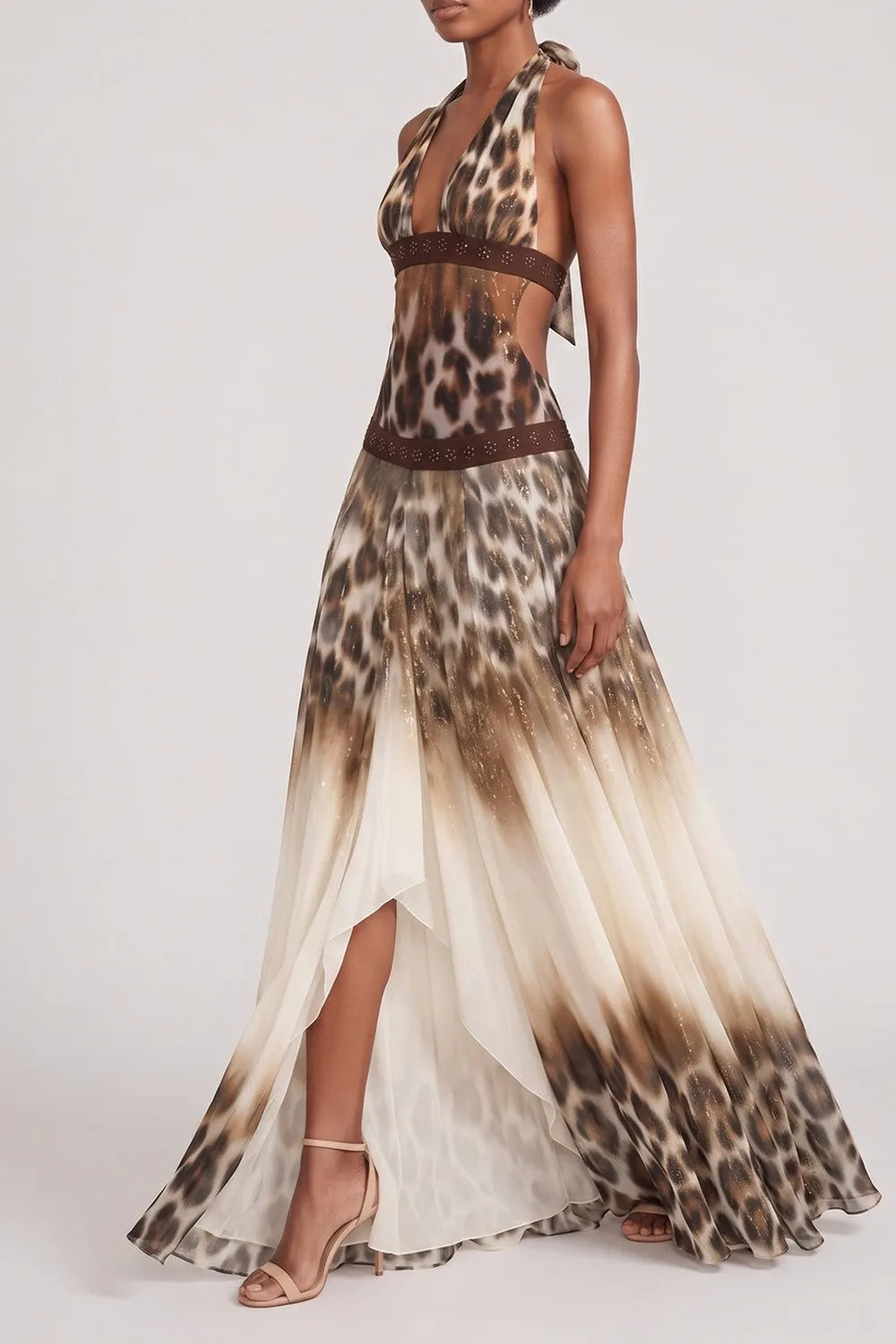 Halter Deep V Leopard Print Beaded Waist Split Maxi Dress Flowering Girl