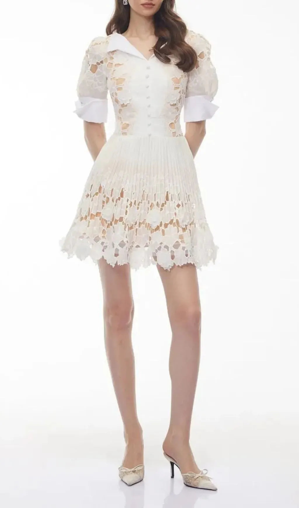 Selena White Floral Appliqué Mini Dress With Cut-Outs Flowering Girl