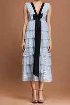V-Neck Sleeveless Bowknot Folds Dot Printed Midi Dress Flowering Girl