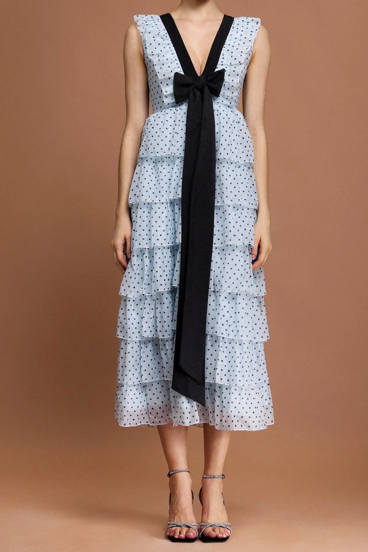 V-Neck Sleeveless Bowknot Folds Dot Printed Midi Dress Flowering Girl
