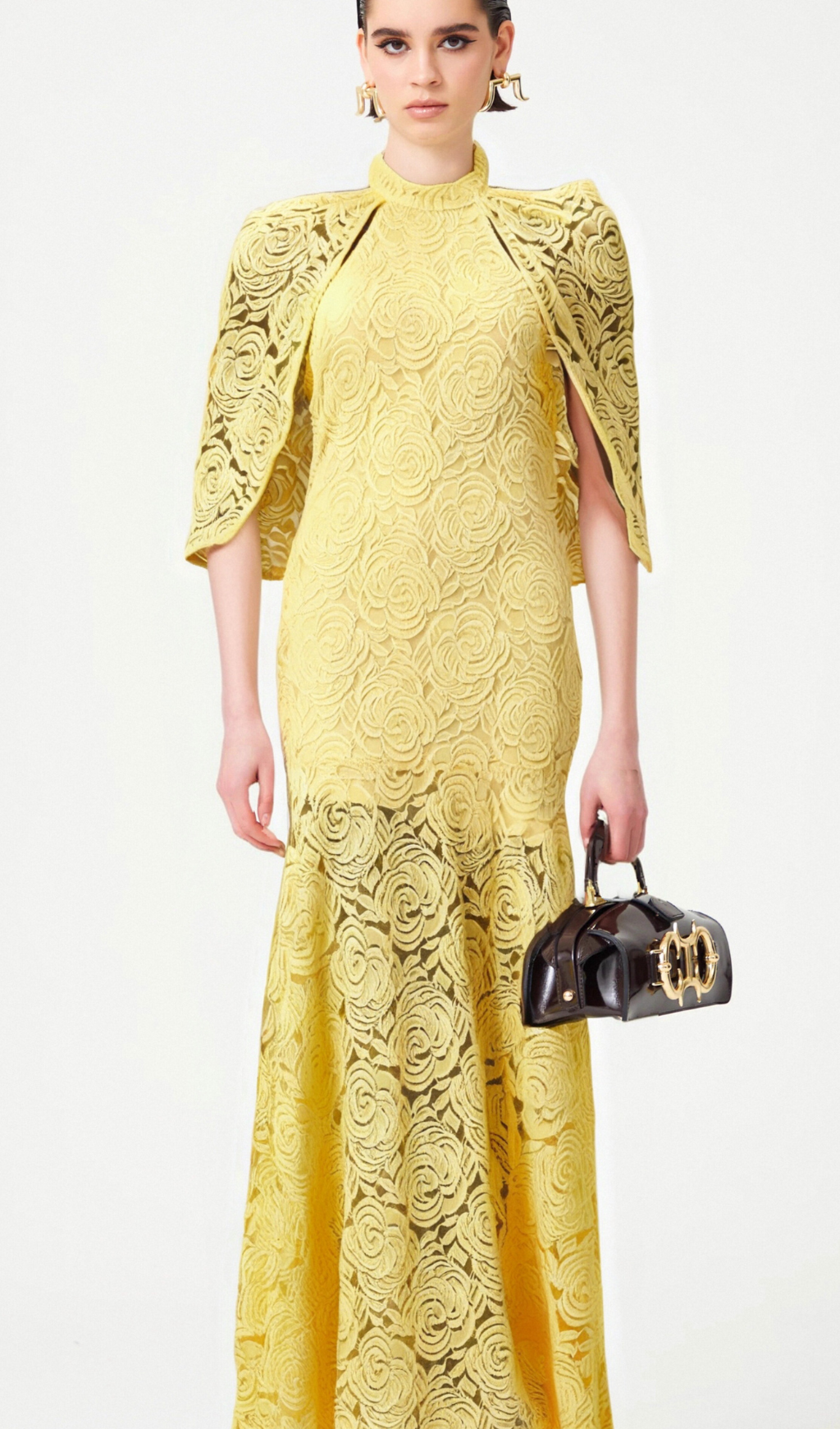 Ursula yellow cape-design chantilly-lace maxi dress Flowering Girl