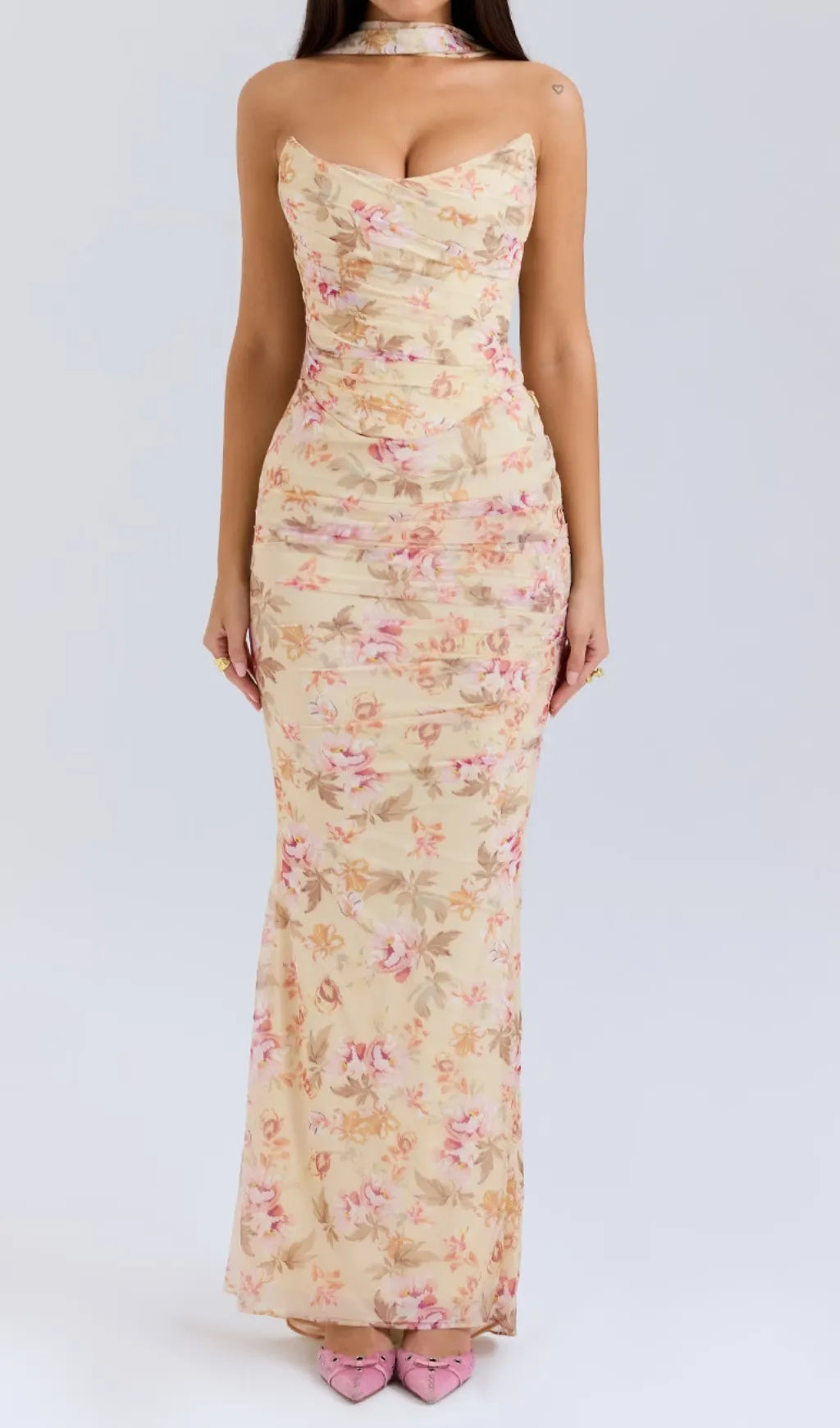 Barbie Floral Corset Top Fluted Hem Maxi Dress
