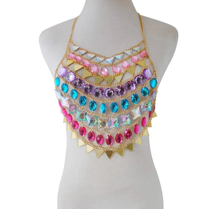 Rainbow Rhinestone Body Chain Top Flowering Girl