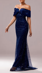 Dorit Navy Off-Shoulder Sequin Maxi Dress Flowering Girl