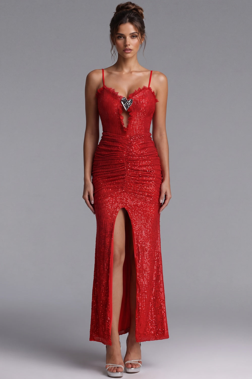 Red Sequined Mesh Bodycon Column Evening Gown Flowering Girl