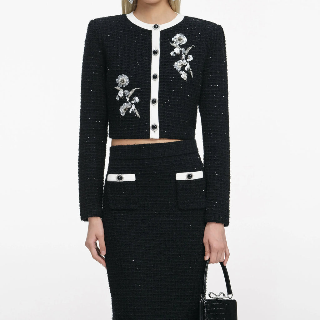 Black Floral Textured Knit Jacket Flowering Girl
