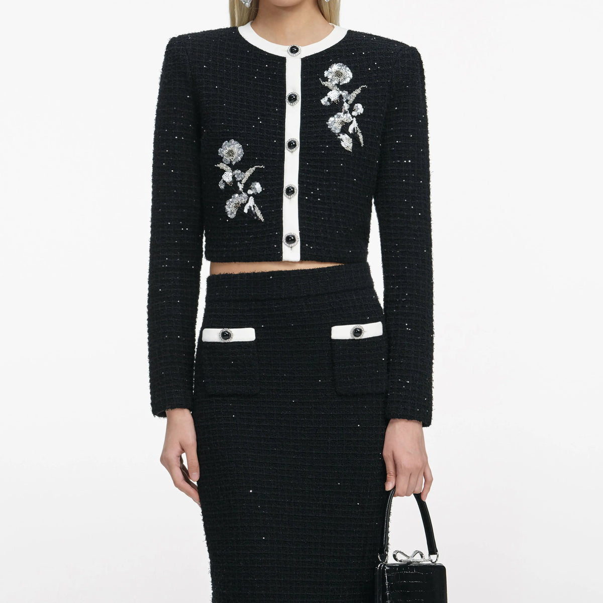 Black Floral Textured Knit Jacket Flowering Girl