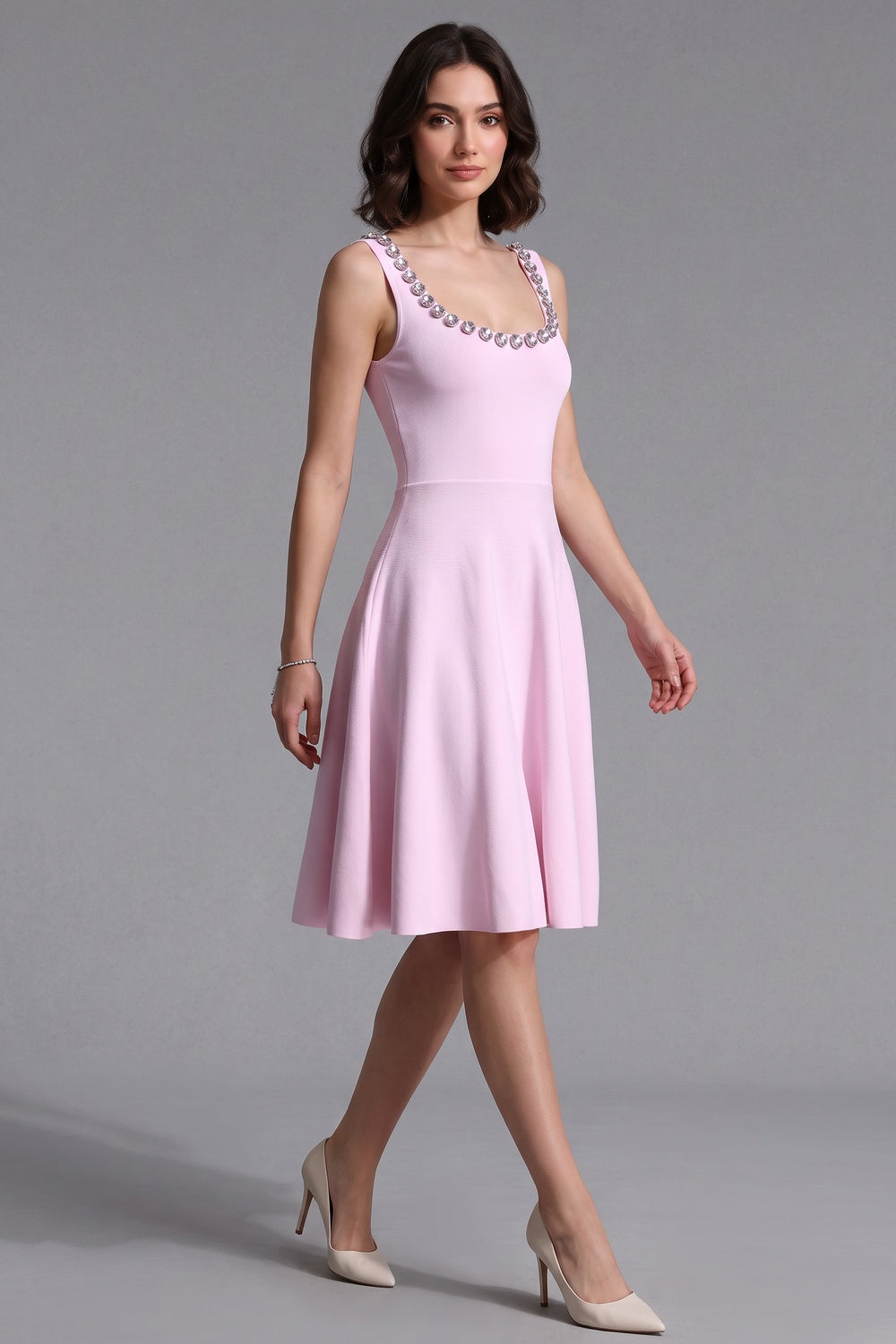 Light Pink Heavy Stretch Knit Fit-And-Flare Dress Flowering Girl