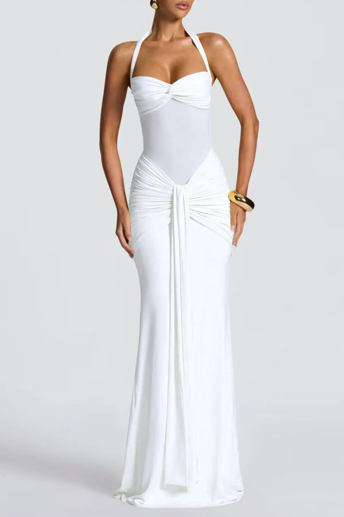 Bonao Halter Ruched Maxi Dress - White Flowering Girl