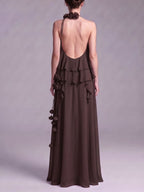 Myriam Coffee Halter Flower Maxi Dress