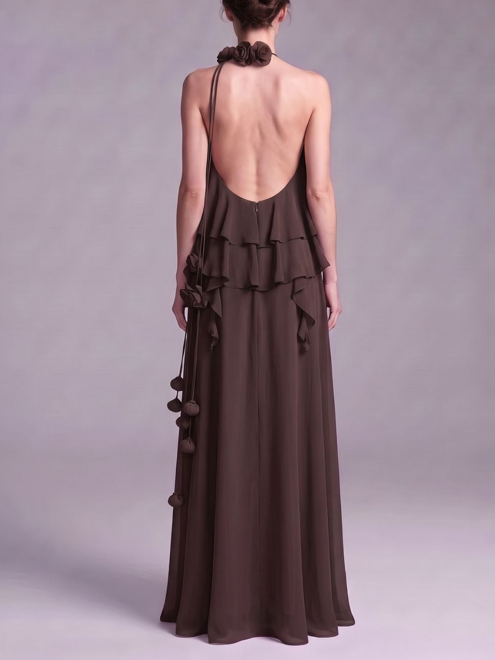 Myriam Coffee Halter Flower Maxi Dress