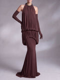 Myna Coffee Halter Pleated Maxi Dress With Gloves
