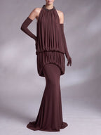 Myna Coffee Halter Pleated Maxi Dress With Gloves