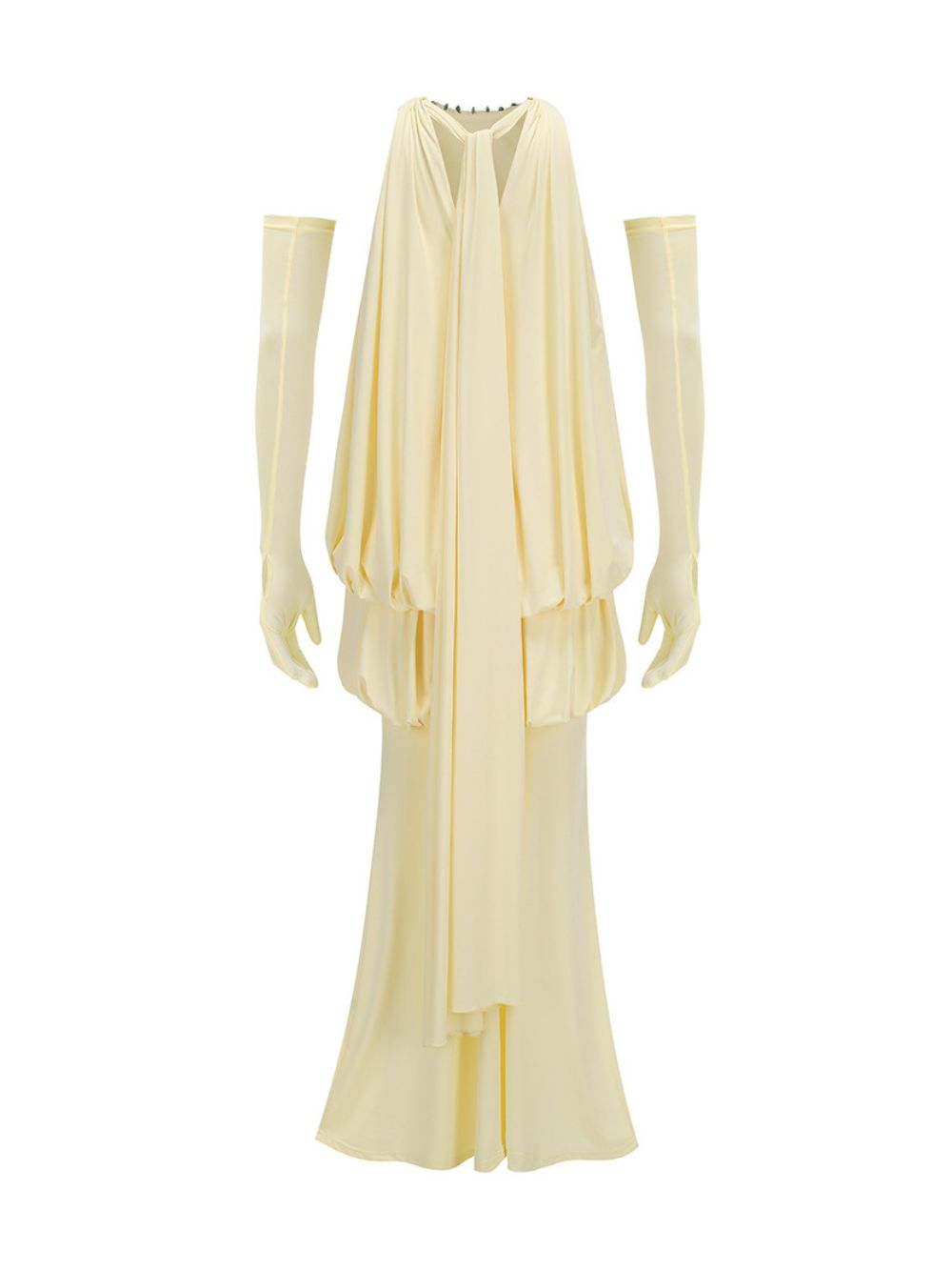 Myna Yellow Halter Pleated Maxi Dress With Gloves