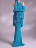 Myna Blue Halter Pleated Maxi Dress With Gloves