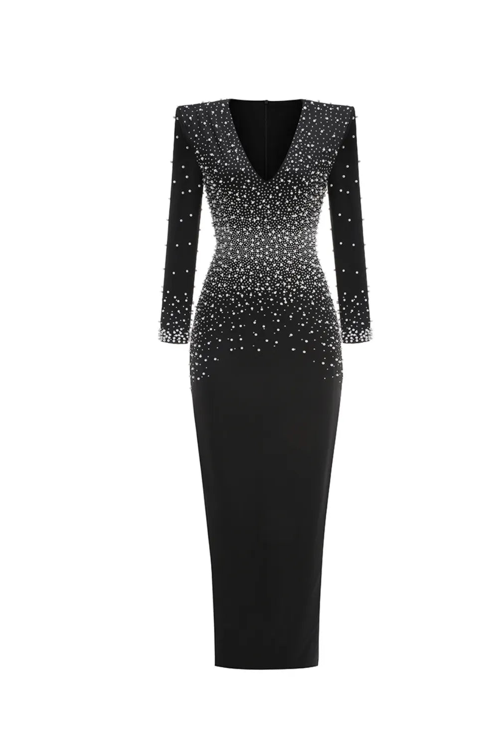 pearl embellished v-neck maxi dress in black Flowering Girl