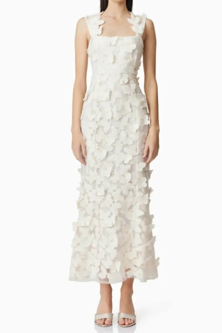 Square Neckline 3D Flower Embroidery Gown In White Flowering Girl