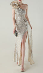 Ikia Silver One-Shoulder Sequin Maxi Dress Flowering Girl