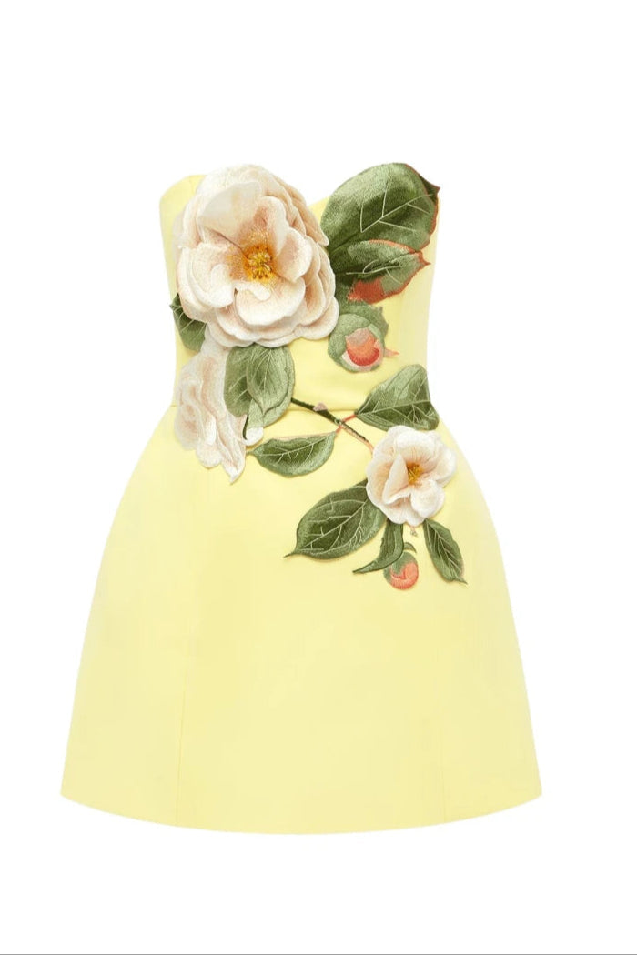Suzanne Appliqué Floral Bustier Mini Dress In Yellow Flowering Girl