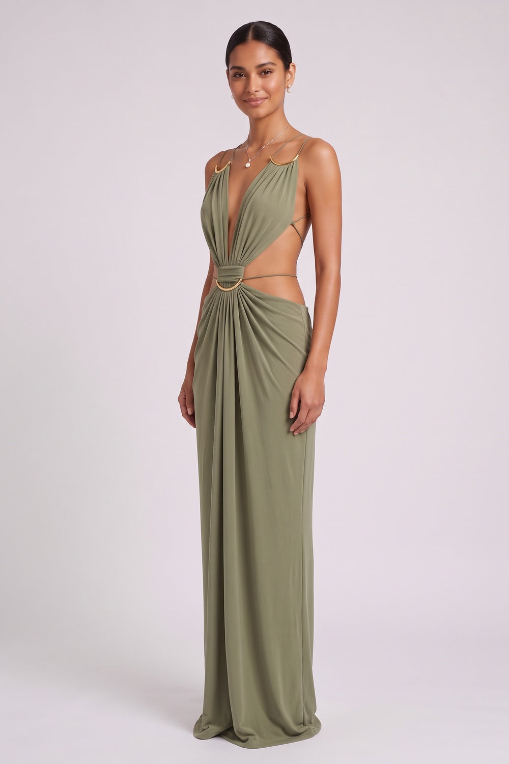 Olive Green Jersey Column With Waist Cutouts Dress Flowering Girl