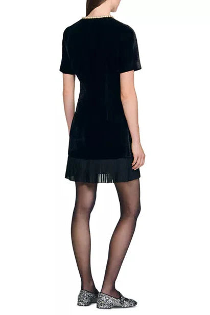 Riva Pleated Trim Patchwork Velvet Mini Dress In Black Flowering Girl