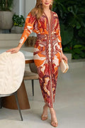 Unique Print Dolman Long Sleeve Ruched Slit Midi Dress Flowering Girl