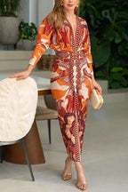 Unique Print Dolman Long Sleeve Ruched Slit Midi Dress Flowering Girl