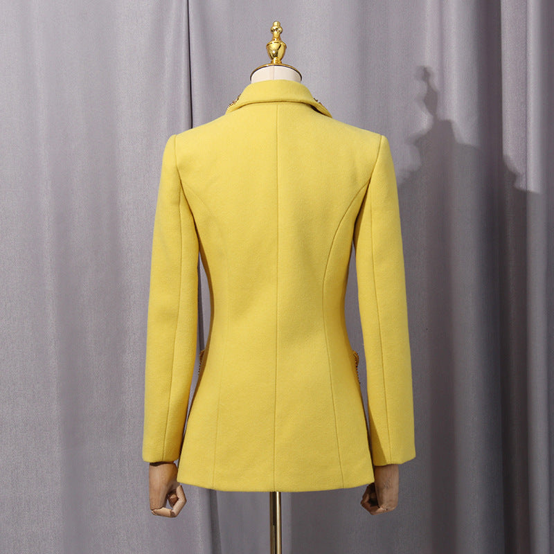 Anila Studded Wool Fitted Single-Breasted Blazer In Yellow Flowering Girl