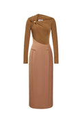 Eleanor Sheath Asymmetric Neck Taffeta Midi Dress in brown Flowering Girl