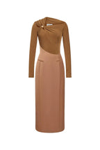 Eleanor Sheath Asymmetric Neck Taffeta Midi Dress in brown Flowering Girl