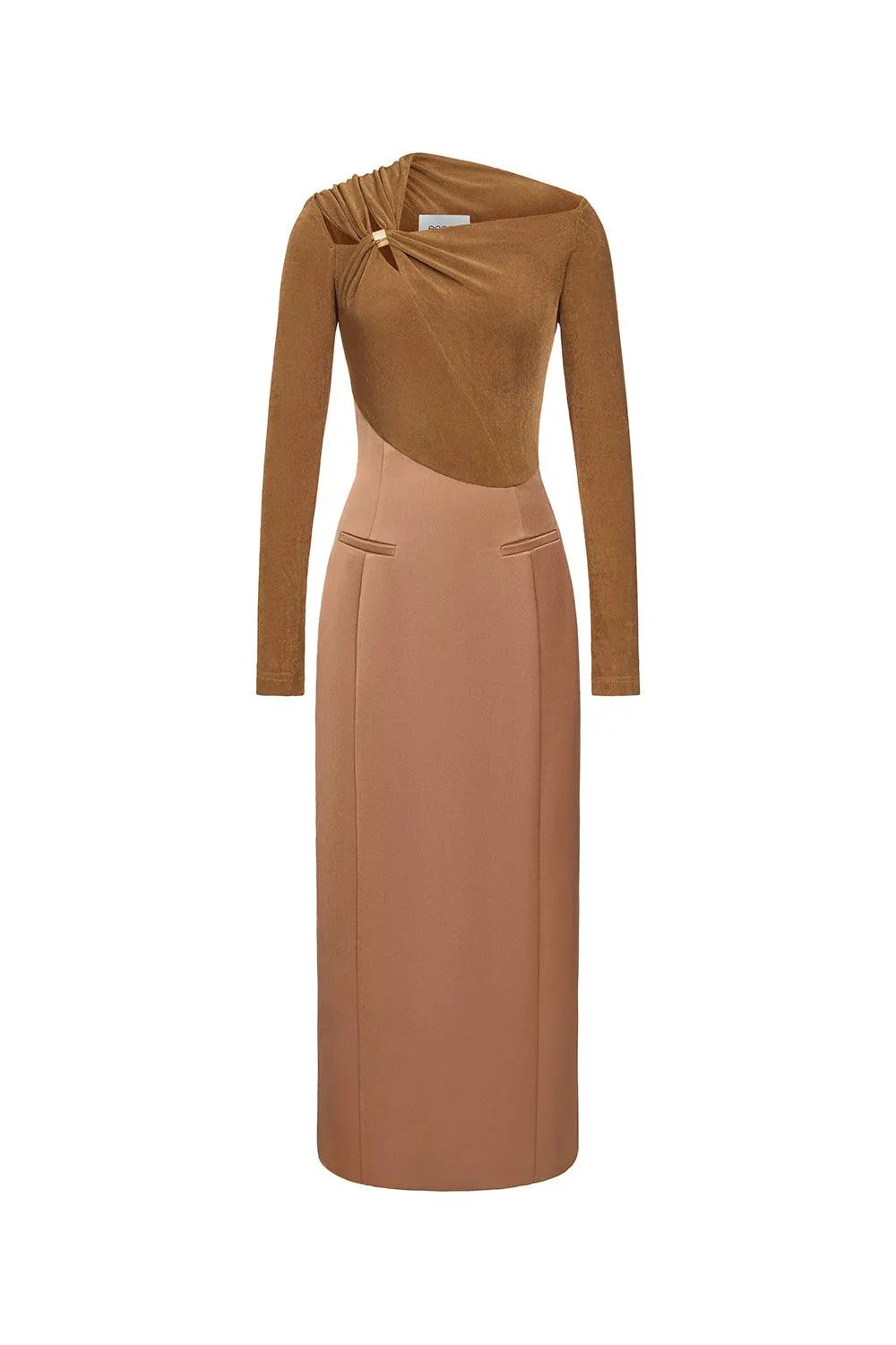 Eleanor Sheath Asymmetric Neck Taffeta Midi Dress in brown Flowering Girl