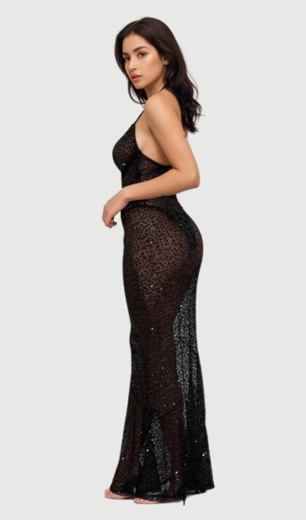 BARBARA HALTER SEQUIN MAXI DRESS IN BLACK Flowering Girl