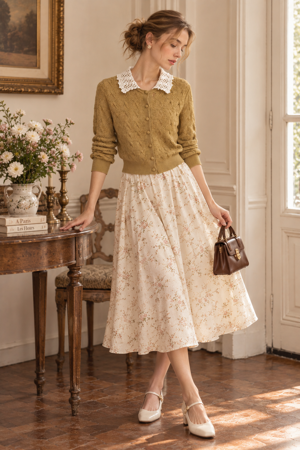 Mustard Yellow Lightweight Pointelle Knit Straight, Slightly Cropped Cardigan Flowering Girl
