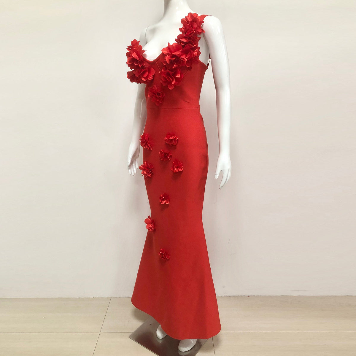 candice one-shoulder flower bodycon maxi dress in red Flowering Girl