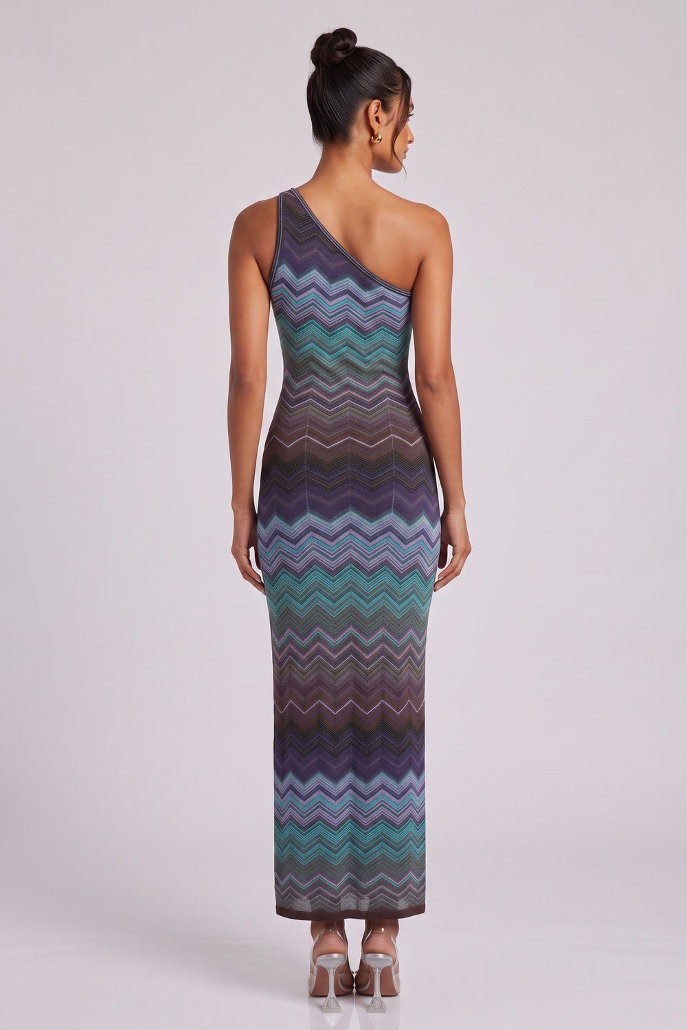 One-Shoulder Chevron Maxi Dress in Teal, Purple & Brown Flowering Girl