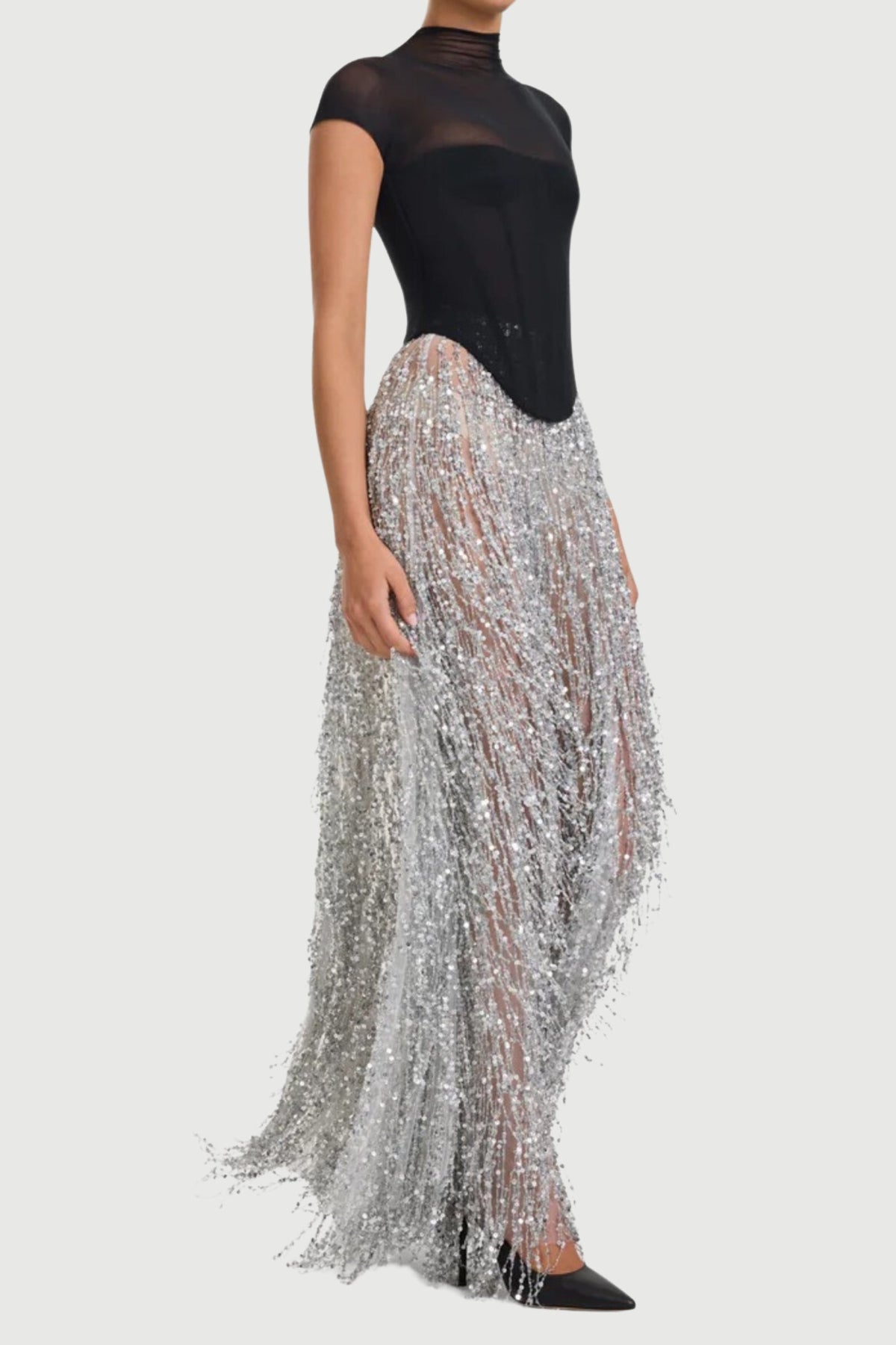 Tassel Sequin Black Corset Maxi Dress Flowering Girl